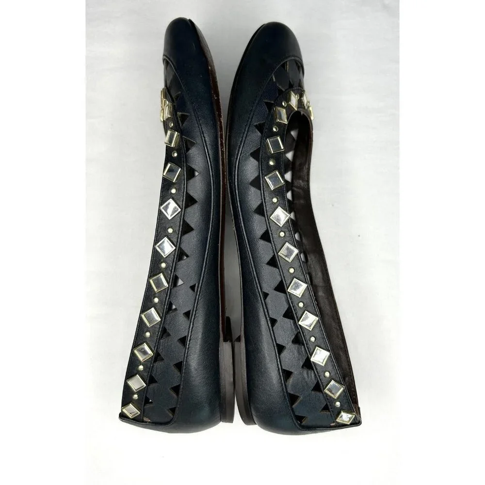 Tory Burch Shoes Womens 7 Black Kingsbridge Leather Ballet Flats Mirrored Cutout